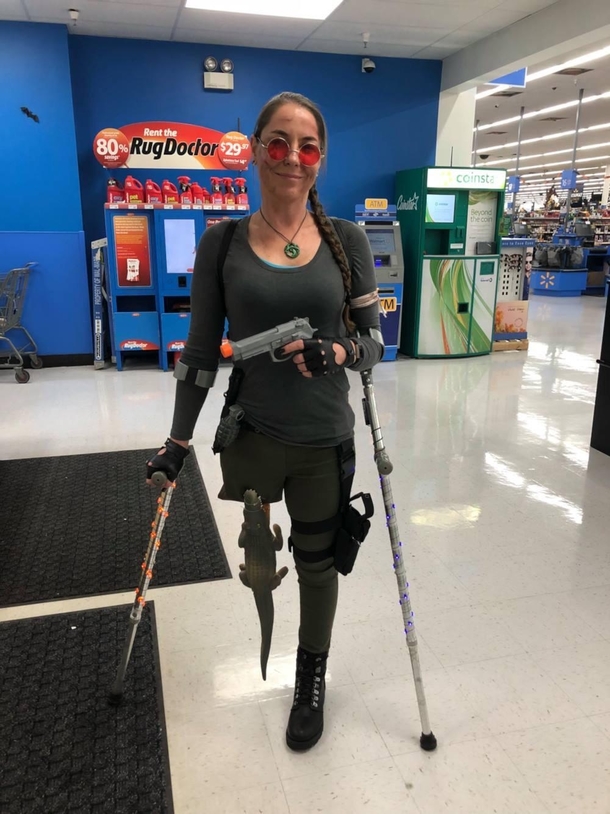 A little late but my wife dressed up as Lara Croft for Halloween Shes an amputee so she improvised