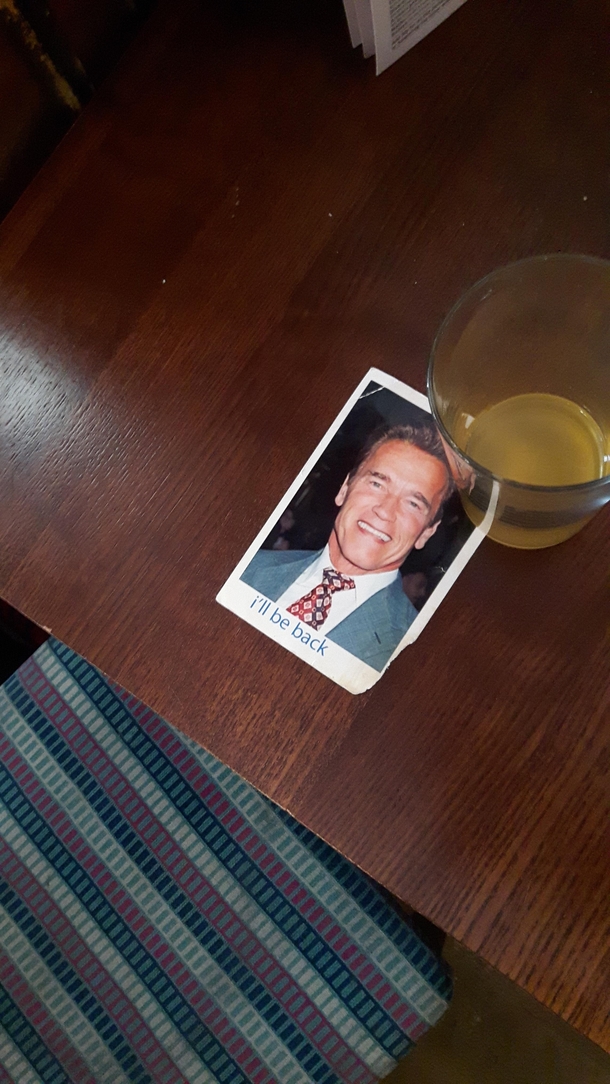 A man in the pub went to the bathroom and left Arnold Swartzenegger to save his seat