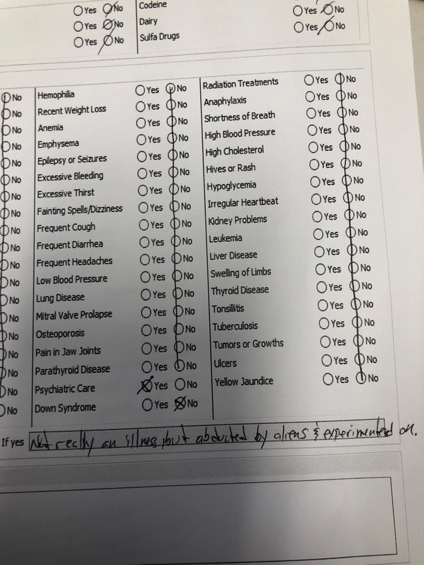 A medical history filled out at a friends dental office Couldnt make this up if I tried