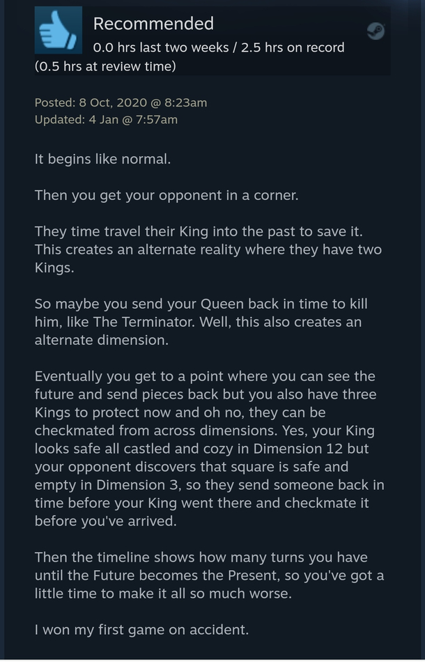 A review of D Chess with Multiverse Time Travel