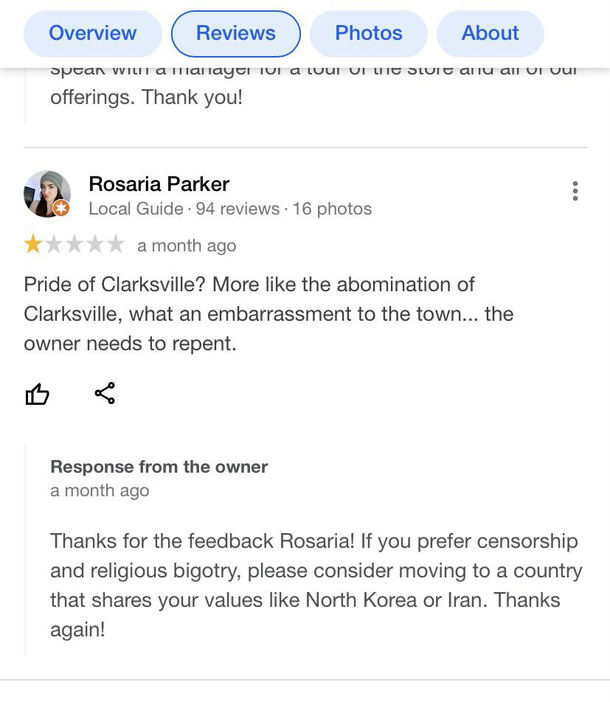 A salty review of an adult store and the owners sarcastic response