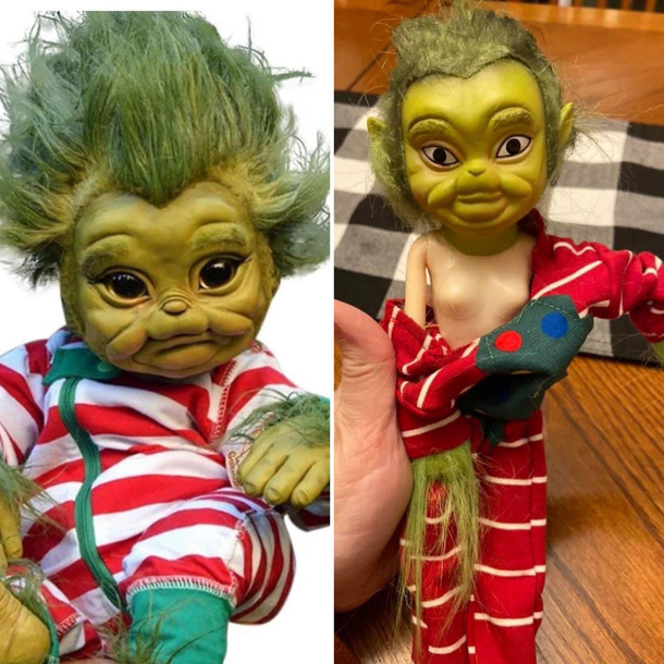 A stock photo of a Grinch doll my friend ordered vs what she got