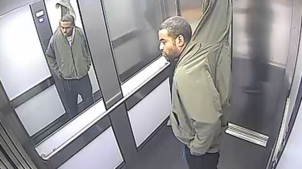 A would-be thief has been caught on camera apparently trying to make off with a Venetian blind - by stuffing it down one trouser leg and up his jacket
