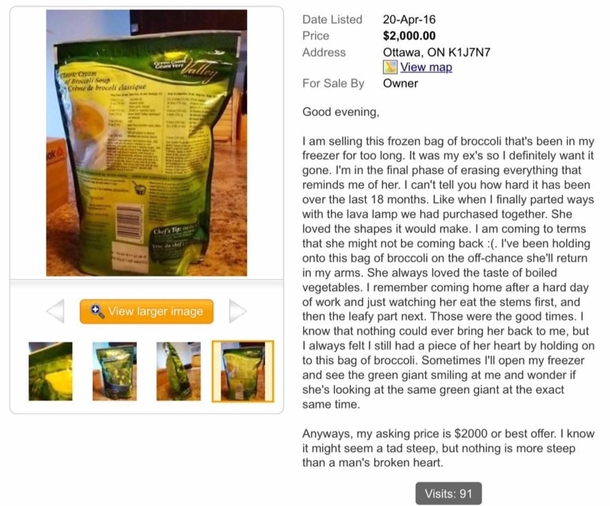 A year ago I found this  bag of frozen broccoli on my local classified ads