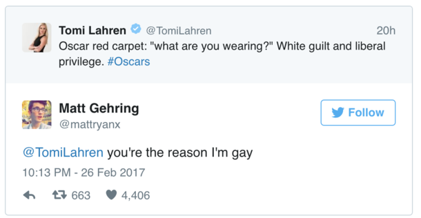 A young gentleman reacts to Tomi Lahrens Oscar coverage