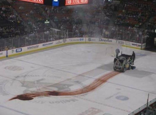 A Zamboni leaking transmission fluid looks a lot like a terrible accident has happened