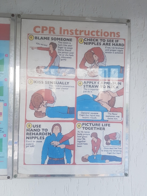 Actual CPR poster next to the pool at a hotel in Bangkok Thailand