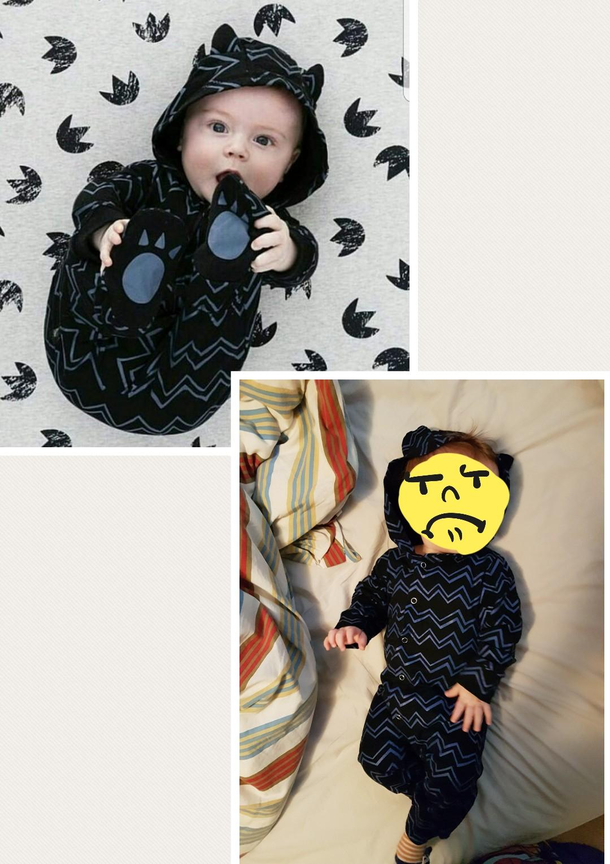 Advertised as FOOTIE pjs No footies no ears not even any surging on the seams The stripes were painted on with some kind of cheap fabric paint