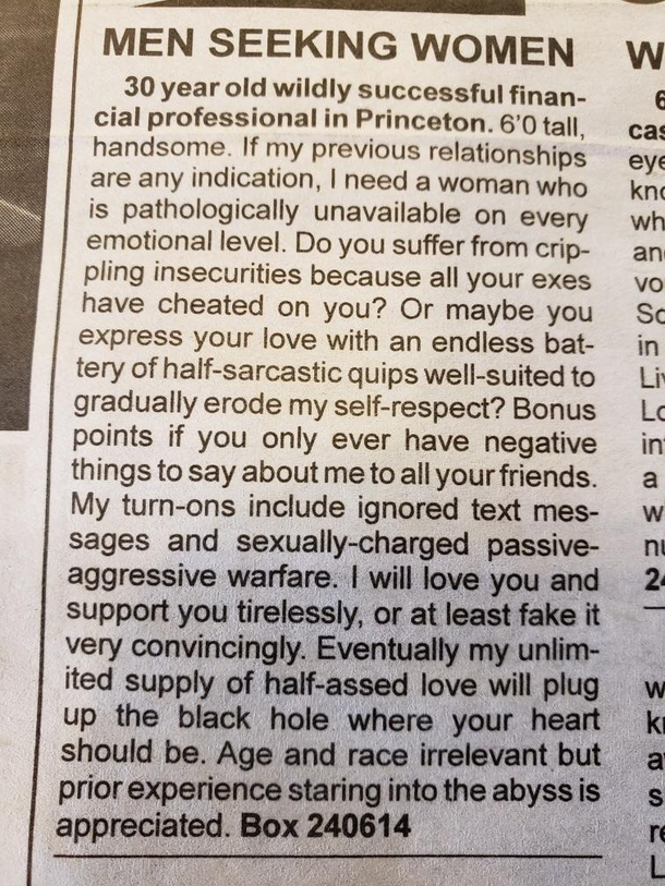 Age and race irrelevant but prior experience staring into the abyss is appreciated NJ Singles