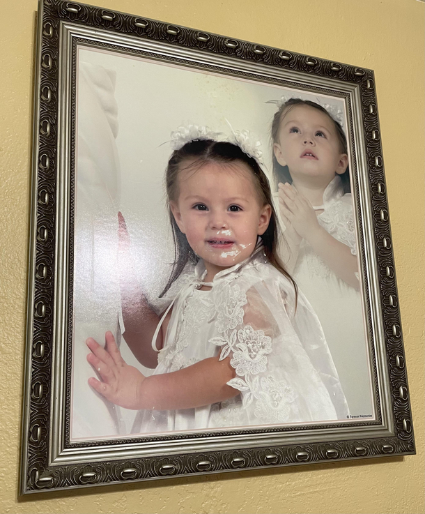 Always get a chuckle from this picture of my girlfriend when she was a kid it hangs proudly in her grandmas living room