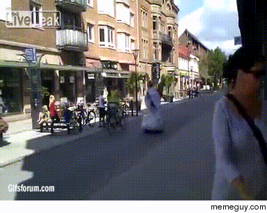 Angel on segway in Sweden points finger