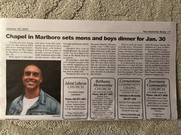 Annual men amp boys sausage dinner at church with guest speaker - porn star turned pastor with such an inspirational story
