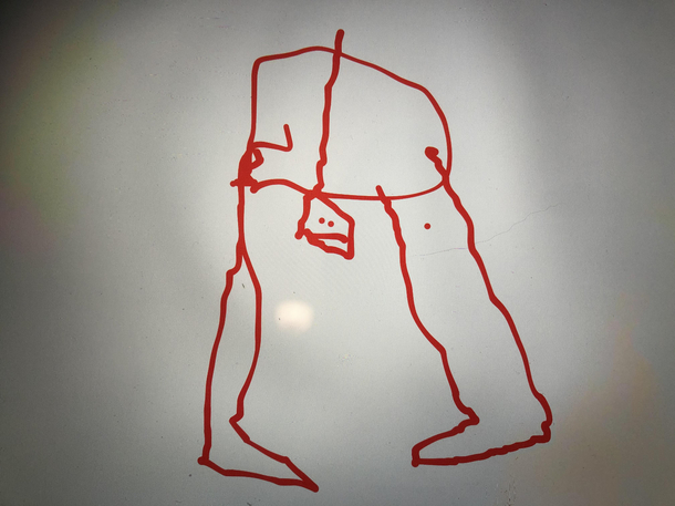 Apparently this is what my kid drew in kindergarten today And yes- Its a naked man looking between his legs and that is indeed his butt-crack