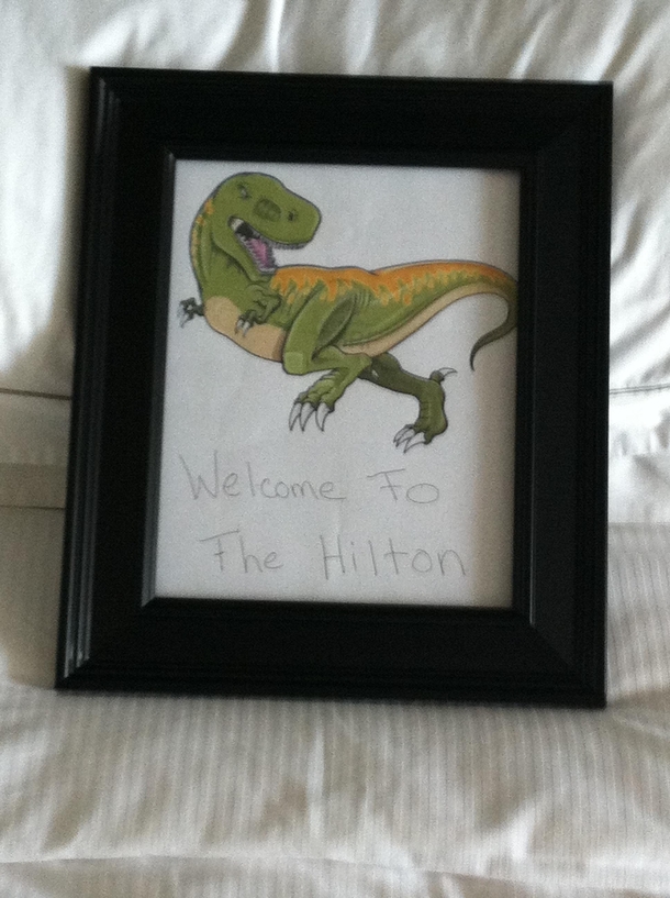 Asked for a hotel room facing the bay and a picture of a dinosaur when I booked online This was waiting