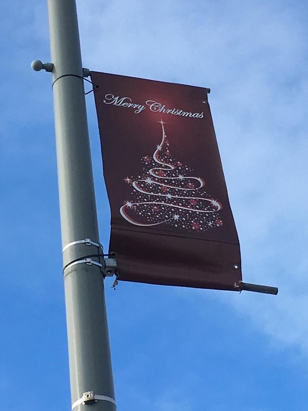 At a red light my  yo kept telling us to look at the nice pile of poo Confused I asked what makes a pile of poo nice She said well theres candy on it We looked up and saw that she was looking at this Christmas tree sign