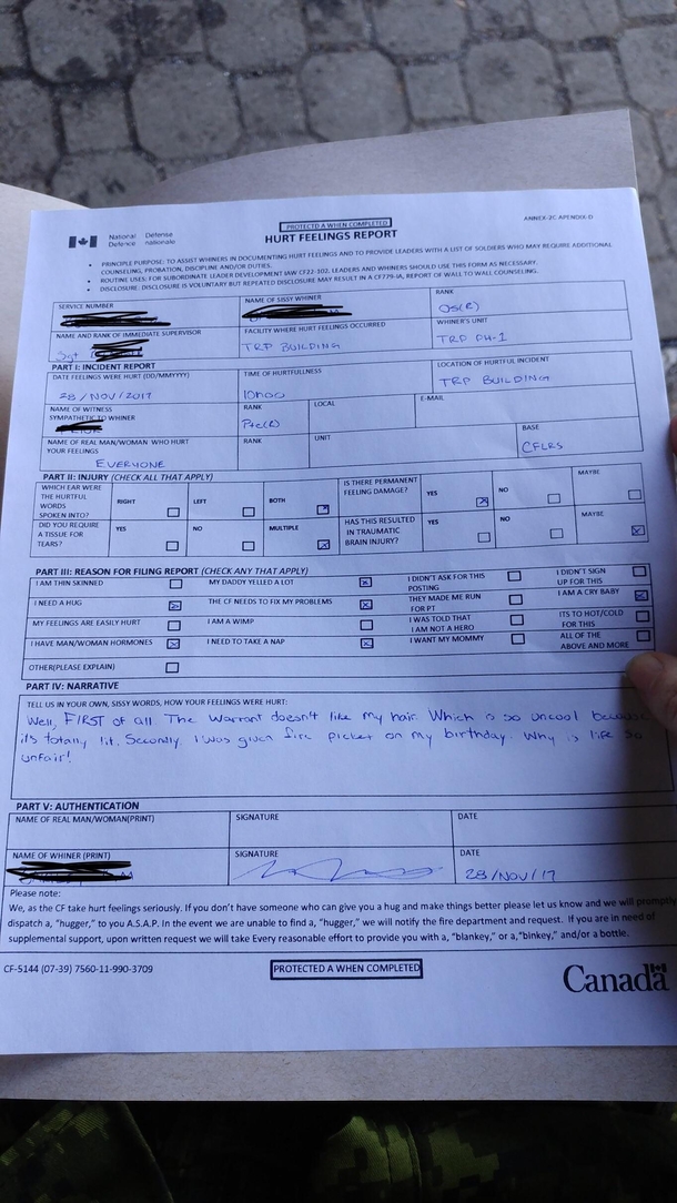 At BMQbasic military qualifications I was having a bad day and my Sergeant made me fill out this form