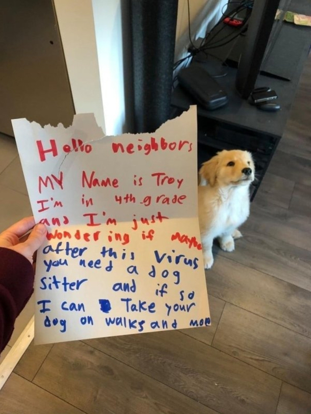 At first I thought the dog wrote the note and his name was Troy and he was a smug-looking new neighbor who was somehow in fourth grade too and who had just walked right into this persons house lol