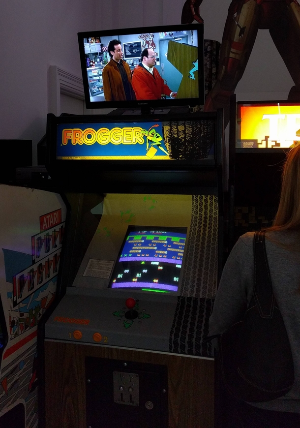 At my local arcade they keep the Frogger episode of Seinfeld playing on an infinite loop above their old-school Frogger console