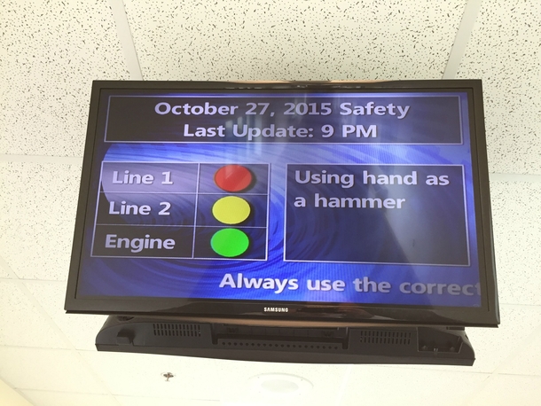 At work safety issues are put on screen for everyone to see so we can learn from other peoples mistakes This was on the screen today