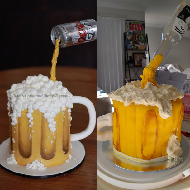 Attempted a gravity defying beer cake for my brothers birthday Turns out buttercream and fondant is hard to work with Its the thought that counts right