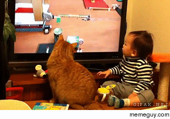 Baby and cat in unison