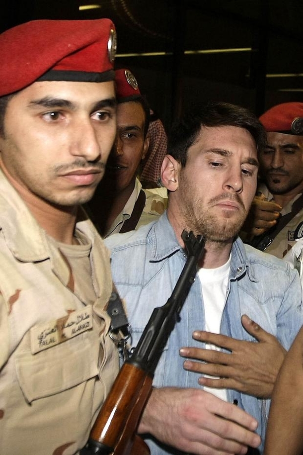 Barcelona superstar Lionel Messi arrives in Saudi Arabia for a promotional event His face is priceless as security escorts him through a crowd of fans
