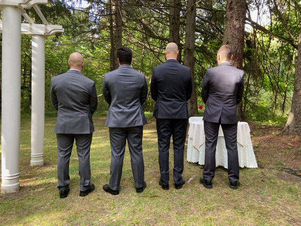 Best friend got married on the weekend We turned around while the bride walked down now it looks like were all peeing