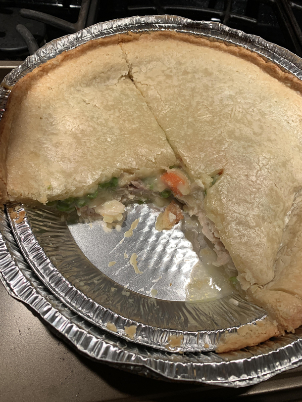 Bought a chicken pot pie thinking it was the size of the outer tin before cutting into it and seeing this monstrosity