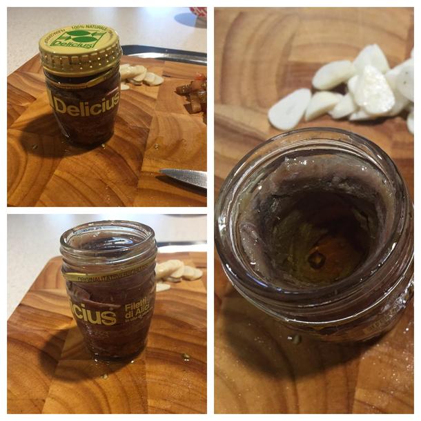 Bought a jar of anchovies Jar was full on the outside empty in the middle I feel cheated