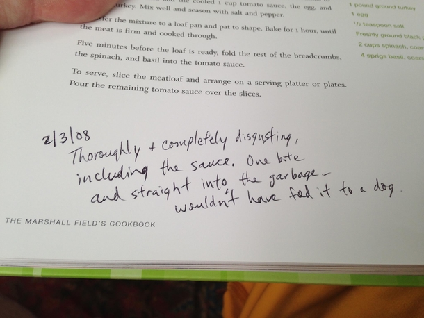 Bought a used copy of the Marshall Fields cookbook in which the previous owner scratched notes and reviews of several recipes -  of which are negative This review for turkey meatloaf is my favorite so far