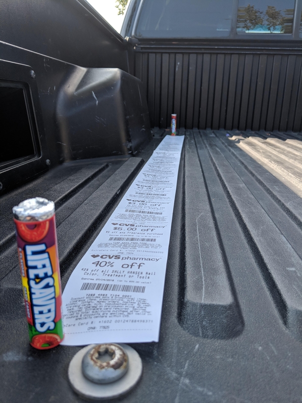 Bought  Lifesavers at CVS and the receipt was almost as long as my truck bed