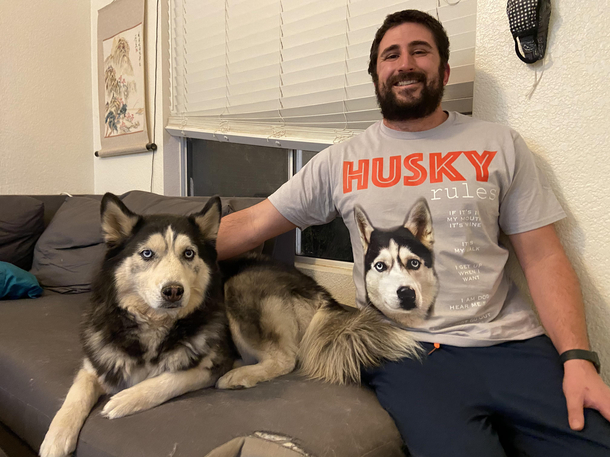 Bought this shirt for my husband because I thought it kind of looked like our dog Now Im wondering if she models in her spare time