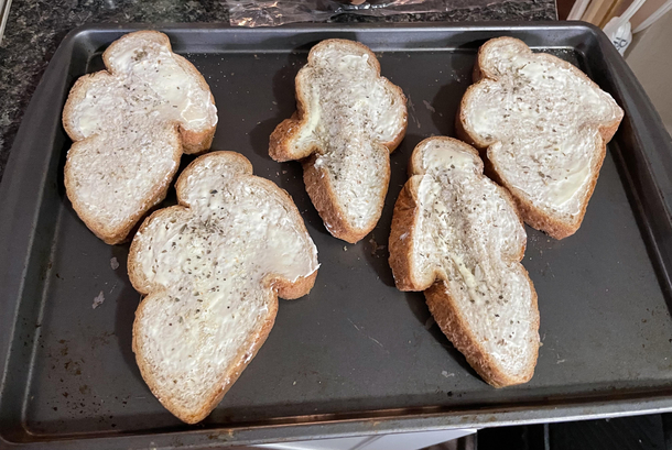 Bread got squished on the way home from the store Now we are having Garlic Ghosts 
