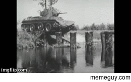 BT- tank balancing on logs to cross a river