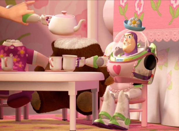 Buzz Lightyear watching people get outraged by a lesbian kiss in his movie