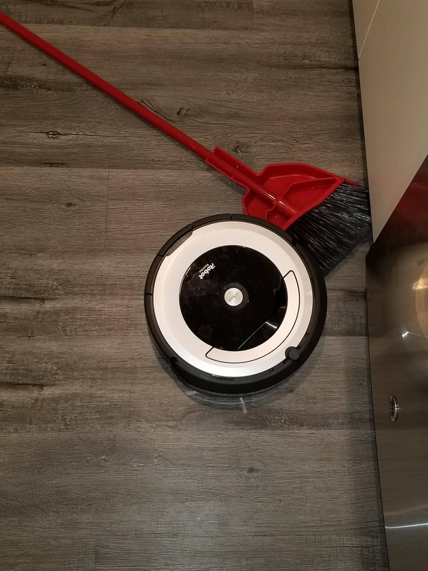 Came home to a murder I think my broom resents my new purchase The Roombas battery died like this