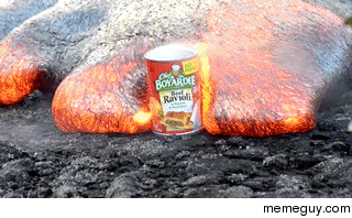 Can of Chef Boyardee being consumed by lava