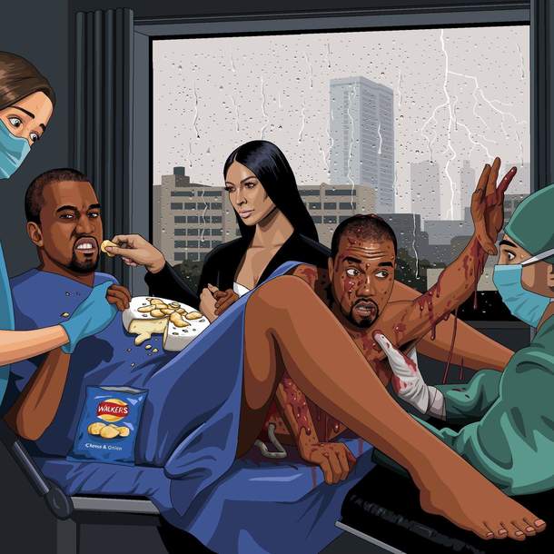 Can you paint Kanye West giving birth to Kanye West whilst Kim Kardashian feeds him Walkers cheese and onion crisps on a bed of Brie