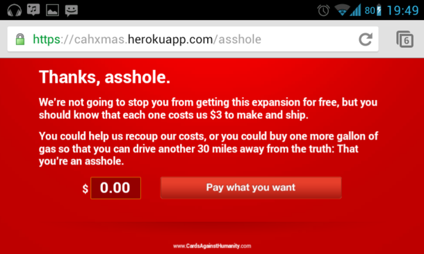 Cards Against Humanity just came out with their pay-what-you-want Holiday Pack Just thought Id give it a shot