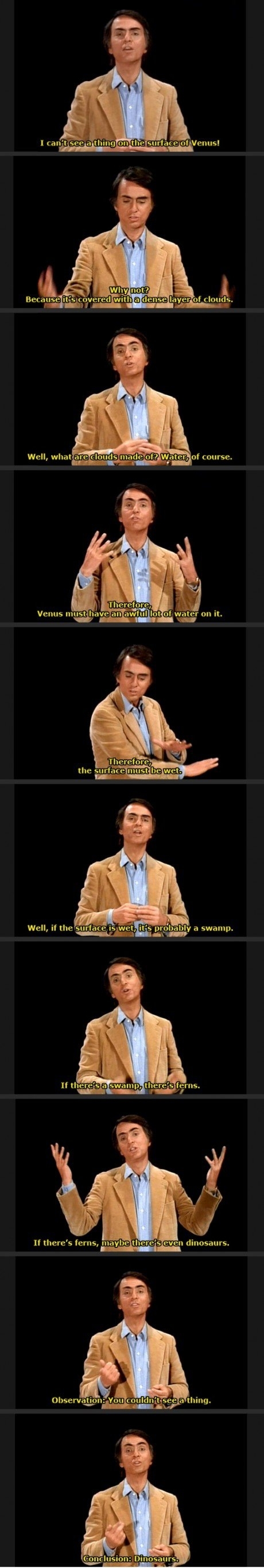 Carl Sagan pointing out the detriment of drawing conclusions believing something without facts