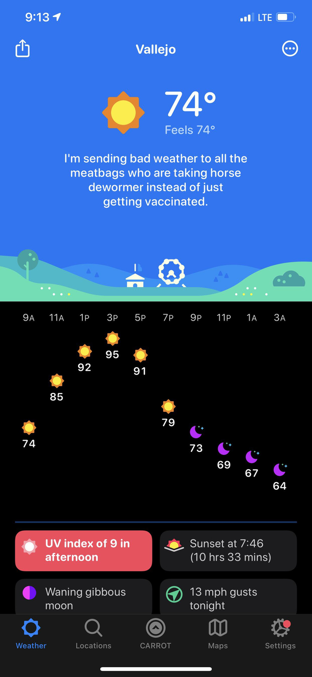 CARROT weather app has some funny sayings 