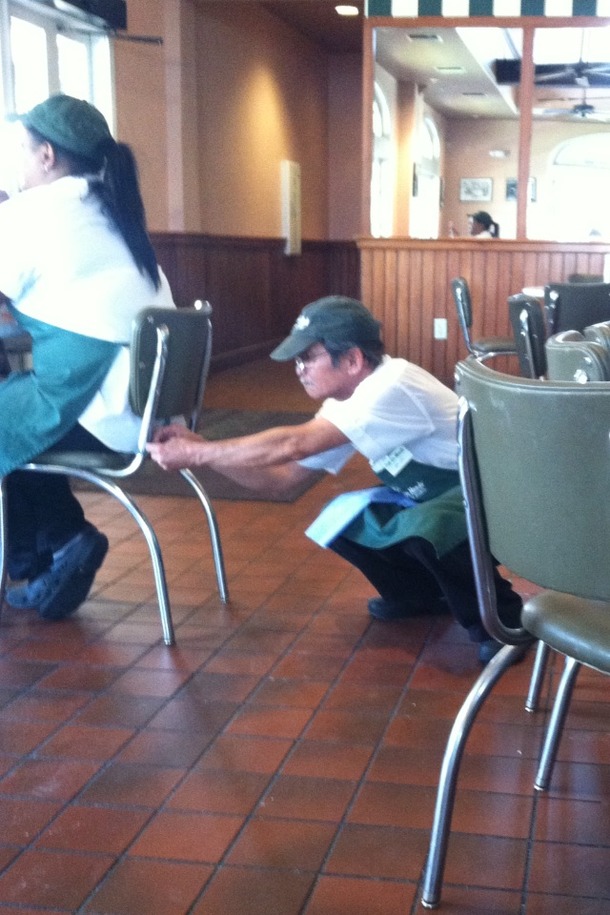 Caught this sly little bastard tying his coworkers apron to her chair