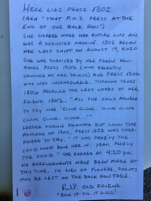 Ceramic Press broke during evening shift this was left as a note to manager