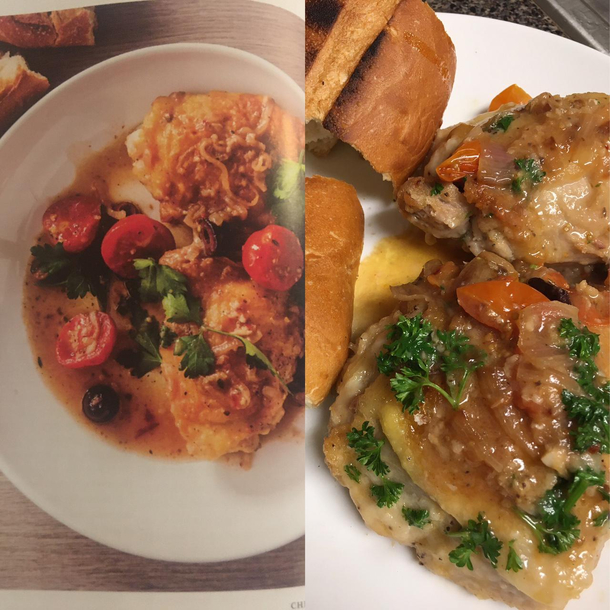 Chicken Provenal cookbook picture vs our attempt Happy with how it turned out It was delicious