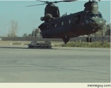 Chinook helicopter with damaged landing gear lands on a couch