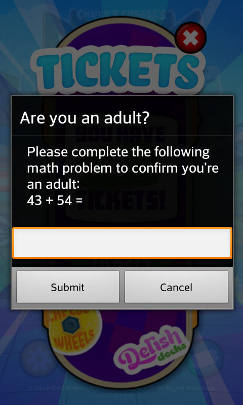 Chuck E Cheese asks me to confirm Im an adult