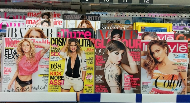 Contagious epidemic of itchy scalp in womens magazine aisle