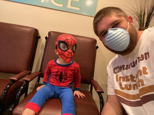 Couldnt get my toddler to wear a mask in public until today Better than nothing I suppose