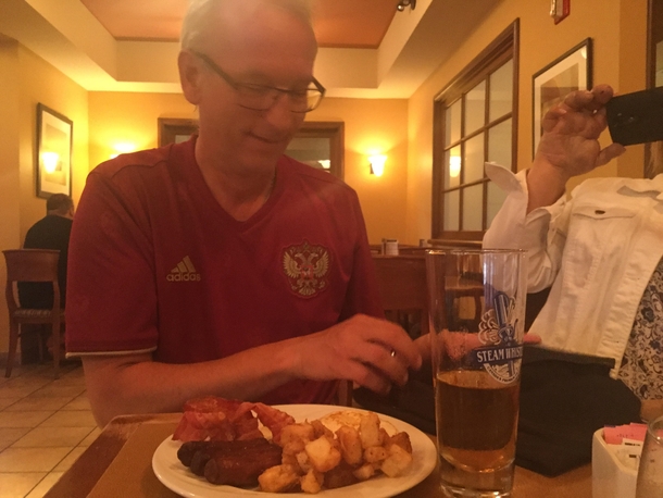 Dad got breakfast for dinner also got a beer He thought it was funny and told me dont get the windows so it looks like its the morning