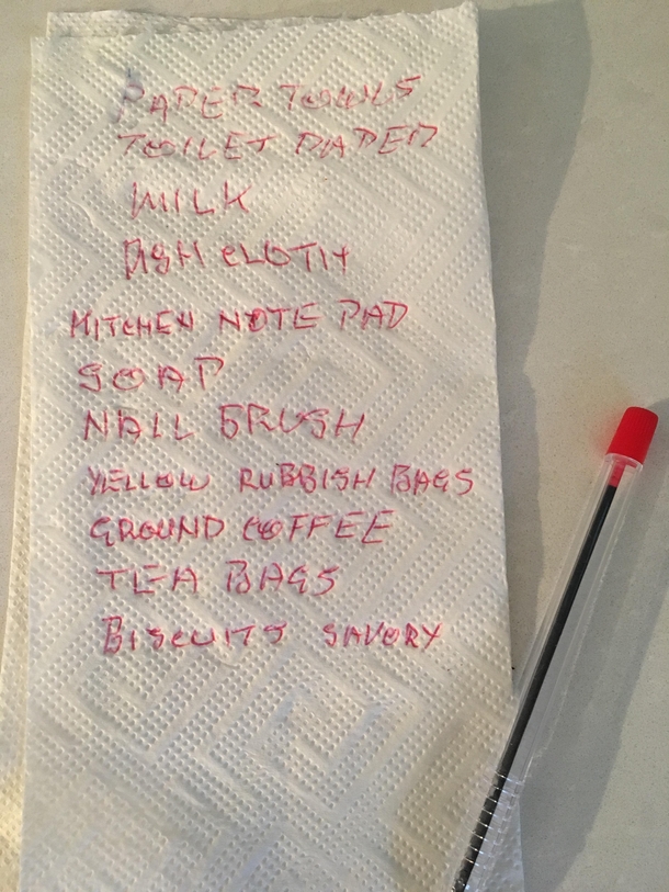 Dads shopping list on a paper towel see number  